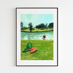 Mermaid Leaving the Water, Wild Swimming Fine Art Print, Watercolour, Lake, Swimmers, Green, Nature, Swim Poster, Swimming, Swimming Print