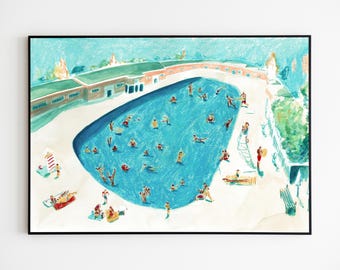 Brockwell Lido, Swimming Fine Art Print, Summer, Swimming Pool, Lido, Swimmers, Blue, London, Swim Poster, Swimming Art, Swimming Print