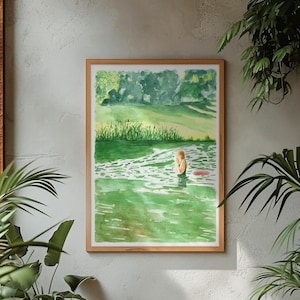 A Brave Mermaid, Wild Swimming Fine Art Print, Watercolour, Lake, Swimmers, Green, Nature, Swim Poster, Swimming Art, Wild Swimming Print
