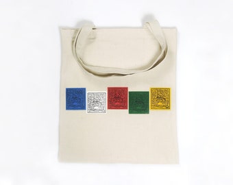 Torba bawełniana z flagami modlitewnymi, ręcznie robiona torba bawełniana w stylu tybetańskim, torba buddyjska, torba na zakupy z flagami modlitewnymi w stylu buddyjskim