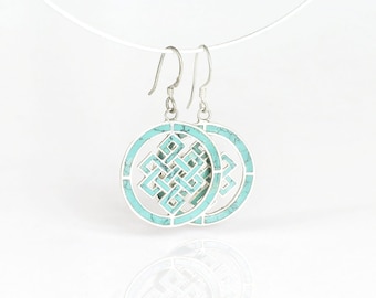 Srebrne kolczyki buddyjskie z nieskończonym węzłem, biżuteria buddyjska, amulet na szczęście, kolczyki z tybetańskiej biżuterii, tybetański srebrny symbol szczęścia buddyjskiego