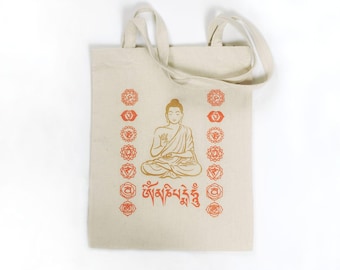 Bolsa de algodón con chakras, bolsa de algodón tibetano artesanal, bolsa budista, bolsa de compras budista con chakras.
