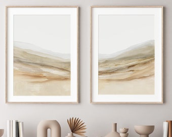 Arte abstracto grande de 2 piezas, pinturas de paisajes abstractos imprimibles, estética marrón claro, arte de pared neutro moderno, impresiones de arte tranquilo