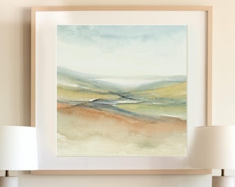 Paisaje neutro en acuarela, pintura de paisaje atmosférico, arte imprimible de 24x24, estética moderna de casa de campo, descarga instantánea.