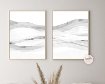 Modern Zen Wall Art, Set of 2 White Grey Minimal Abstract Paintings, Large Minimal Wall Art, Printable Art, Simple Wall Art