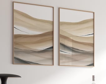 Conjunto de 2 cuadros abstractos minimalistas, arte moderno imprimible en marrón beige, arte mural neutro grande, impresiones de pósteres abstractos, arte para sala de estar