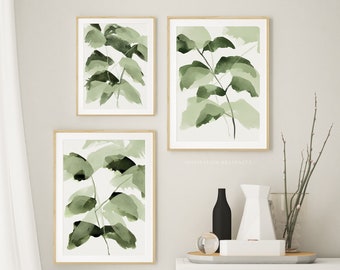 Sage Green Botanical Prints, Set of 3 Watercolour Leaf Paintings, Modern Botanical Prints, Calming Wall Art Set, Printable Zen Wall Art