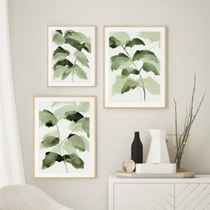 Sage Green Botanical Prints, Set of 3 Watercolour Leaf Paintings, Modern Botanical Prints, Calming Wall Art Set, Printable Zen Wall Art image 1