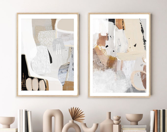 Set of Two Modern Abstract Paintings, Collage Art, Neutral Paintings, Abstract Wall Art, Large Printable Art