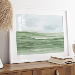 Sage Green Minimal Art, Watercolour Landscape, Instant Download Printable Art, Calm Abstract Print, Green Bedroom Art