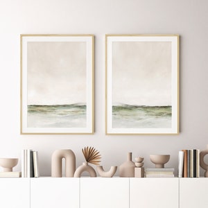 Set Of Two Abstract Landscape Paintings, Neutral Watercolour Paintings, Sage Green Art, Instant Download, Printable Art