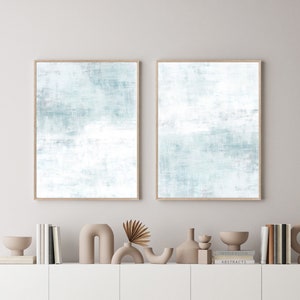 Ljusblå väggkonst, set med två tryck, minimalistisk abstrakt konst, utskrivbar konst, lugnande väggkonst, digitala tryck, stor abstrakt konst bild 1