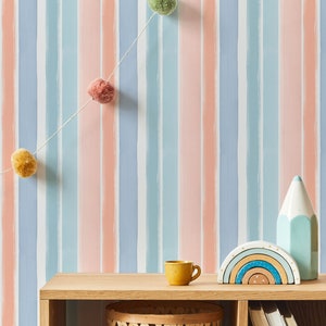 Colourful Stripes Wallpaper, Candy Stripes Peel and stick Wallpaper, Nursery Decor, Playroom Decor, Hand Painted Watercolour Stripes image 1