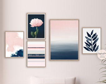 Minimal Gallery Wall Set, Pink Navy Wall Art, 5 Piece Wall Art, Printable Art, Minimalist Print Set, Botanical Prints, Bedroom Decor