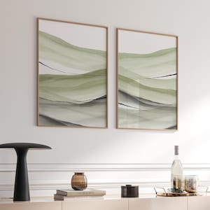 Modern Sage Green Abstract Paintings, Calm Watercolour Landscapes, 2 Piece Printable Wall Art, Large Minimal Posters, Instant Download Art