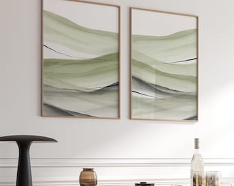 Pinturas abstractas modernas en verde salvia, paisajes tranquilos en acuarela, arte de pared imprimible en 2 piezas, carteles minimalistas grandes, arte de descarga instantánea