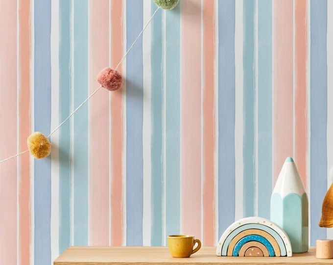 Colourful Stripes Wallpaper, Candy Stripes Peel and stick Wallpaper, Nursery Decor, Playroom Decor, Hand- Painted Watercolour Stripes