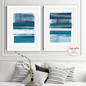 Large Abstract Prints, Set Of 2 Art Prints, 50X70 Poster, Mixed Media Prints, Beach House Art, Blue Watercolour Prints