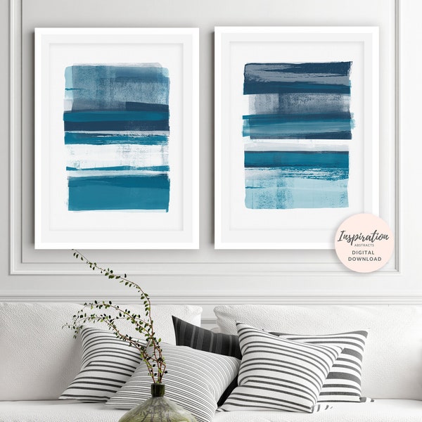 Grote abstracte prints, set van 2 kunstprints, 50X70 poster, mixed media prints, strandhuiskunst, blauwe aquarelprints