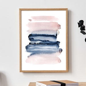 Pintura de acuarela abstracta, arte de pared azul marino rosa, impresión de acuarela, cartel imprimible, impresión de arte moderno, decoración de dormitorio
