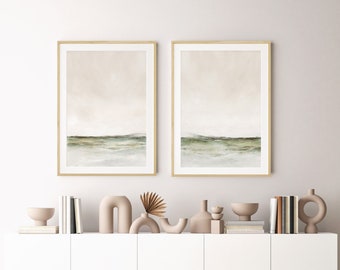 Set Of Two Abstract Landscape Paintings, Neutral Watercolour Paintings, Sage Green Art, Instant Download, Printable Art