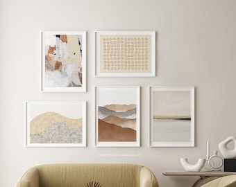 Neutrale Galerie Wandkunst, 5-teilige Wandkunst, druckbare zeitgenössische Kunst, 5-teilige Wandkunst, druckbare zeitgenössische Kunst, beige braune Wandkunst