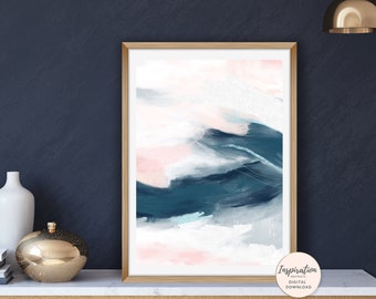 May include: Abstract art print with a blue, teal, and pink color scheme. The print is framed in a light wood frame and is hanging on a dark blue wall.