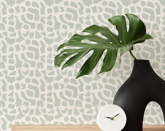 Papel tapiz con recortes abstractos, papel tapiz con formas modernas, revestimientos de paredes minimalistas, decoración de pared en verde salvia tranquilo, despegar y pegar en la pared