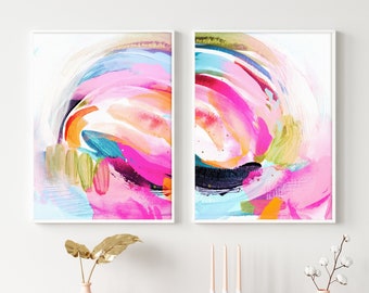 Vibrant Abstract Paintings, Set Of Two Prints, Colourful Wall Art, Mixed Media Art, Modern Art, Vibrant Wall Art, Fine Art Print, Pink Art