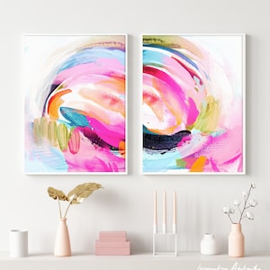 Dipinti astratti vivaci, set di due stampe, arte murale colorata, arte multimediale, arte moderna, arte murale vibrante, stampa artistica, arte rosa