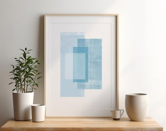 現代的なカラーブロックアート、淡いブルーの抽象画、印刷可能な海岸風