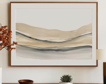 Paisaje neutro tranquilo, paisaje abstracto imprimible, arte de pared minimalista grande, impresión de acuarela en gris beige, arte relajante para el dormitorio