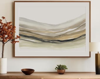 Paisaje minimalista de gran tamaño, paisaje neutro en tonos verde, beige y gris, arte de paisaje imprimible, arte de pared moderno minimalista, impresión de acuarela tranquila