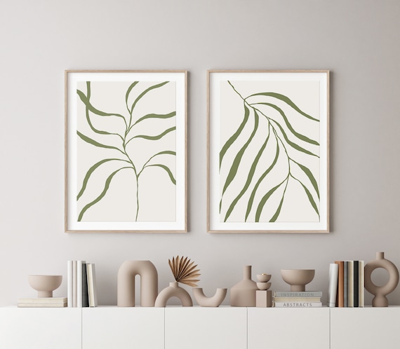 Set of Two Sage Green Botanical Print, Calming Plant Prints, Zen Wall Art Set, Printable Plant Posters, Bohemian Wall Art Set