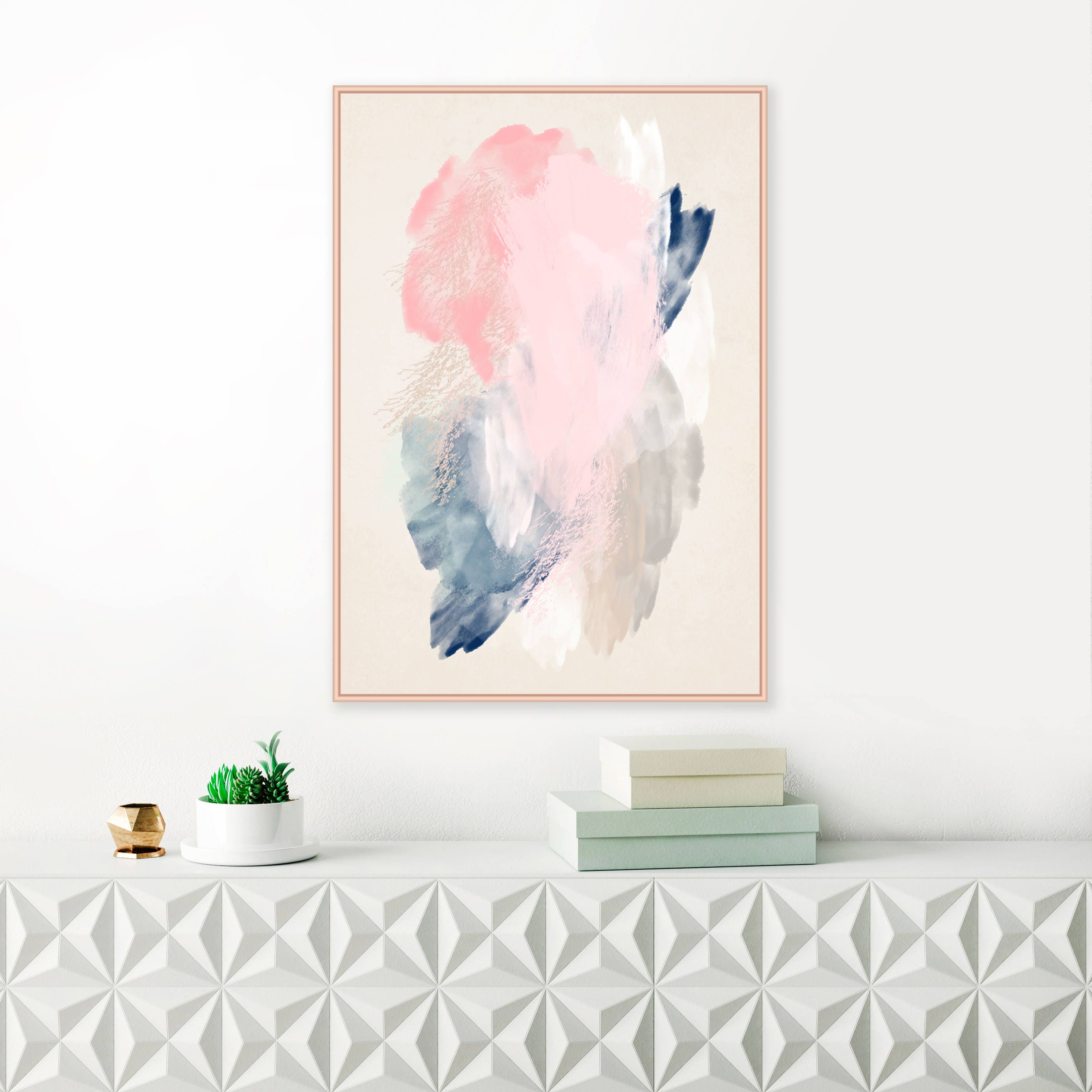 Pink and navy blue abstract art pale pink blue and grey painting