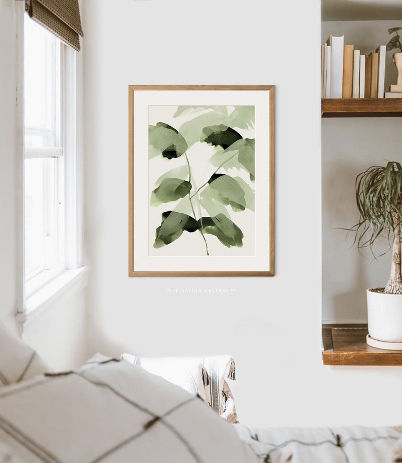 Sage Green Botanical Prints, Set of 3 Watercolour Leaf Paintings, Modern Botanical Prints, Calming Wall Art Set, Printable Zen Wall Art image 4