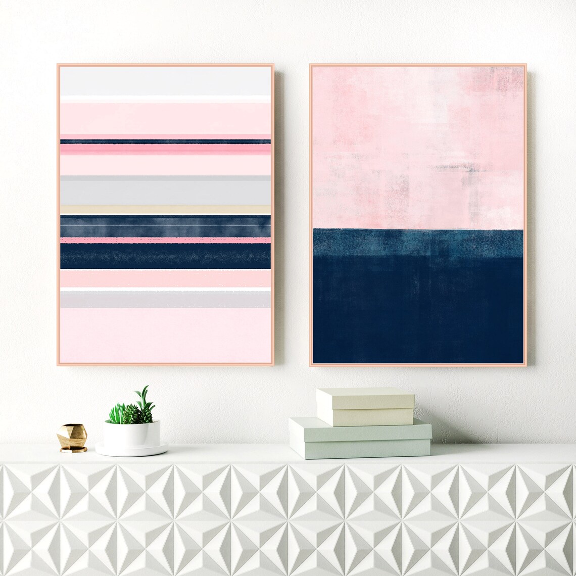Pink Navy Wall Art Set of 2 Prints Abstract Art Minimalist Etsy UK