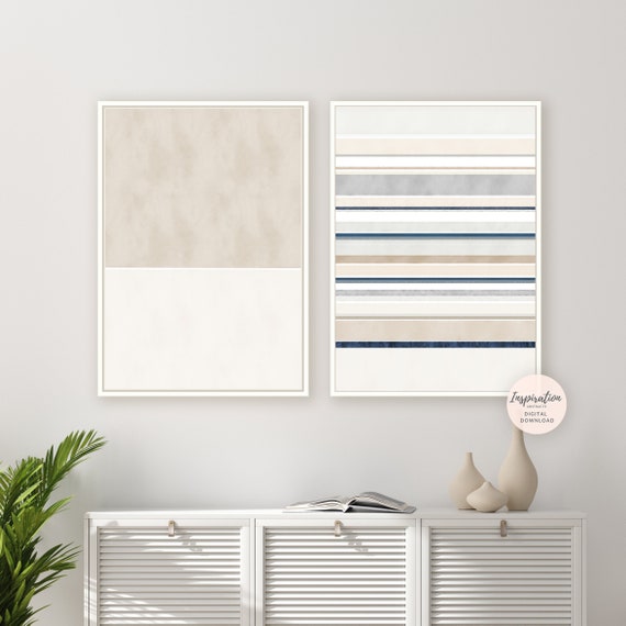 Set of 2 Cream Blue Abstract Paintings, Printable Art, Contemporary Art, Minimalist Wall Art, Abstract Art, Large Wall Art, Rothko Inspired