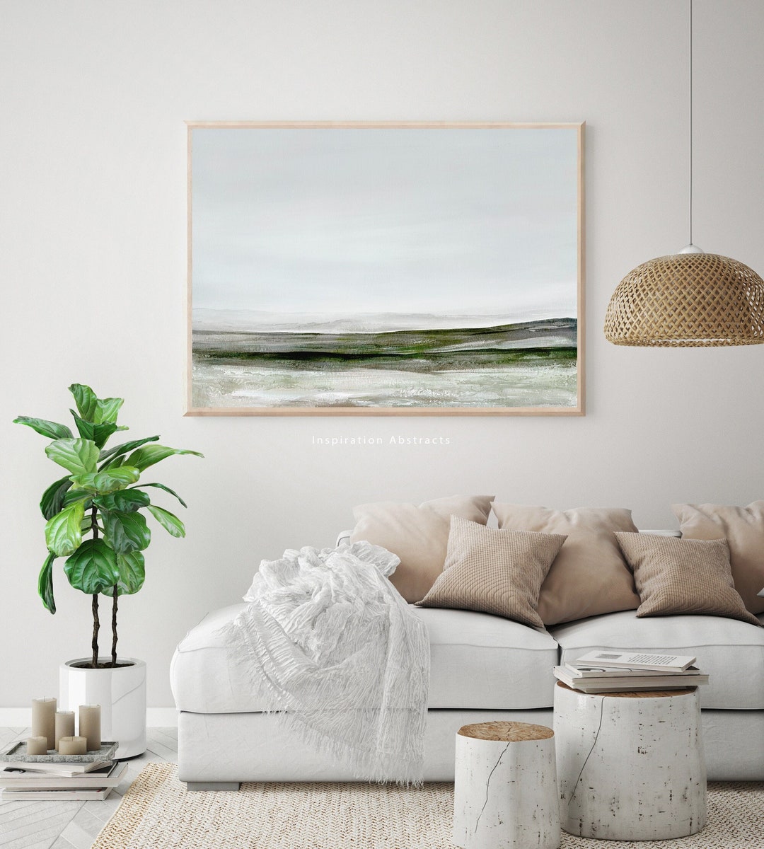 Large Landscape Painting, Sage Green Wall Art, Zen Wall Art, Lake House