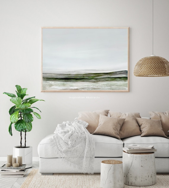 Large Landscape Painting, Sage Green Wall Art, Zen Wall Art, Lake House Decor, Downloadable Art