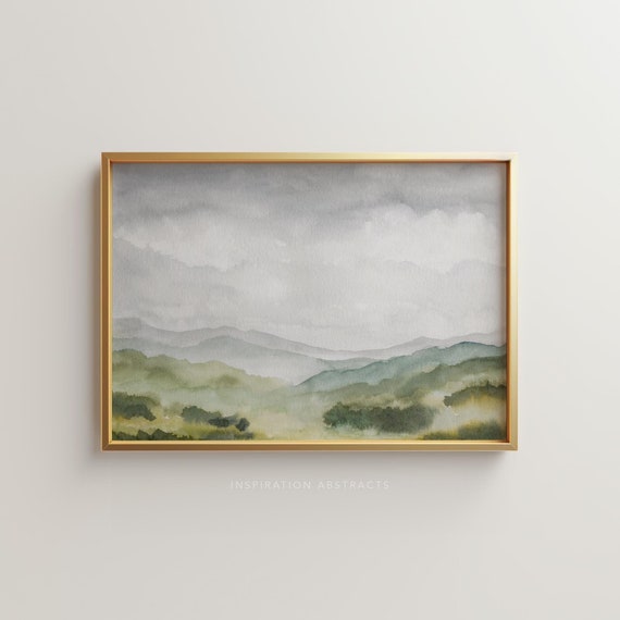 Green and Grey Landscape Painting, Printable Watercolour Painting, Moody Atmospheric Landscape, Modern Farmhouse House Decor