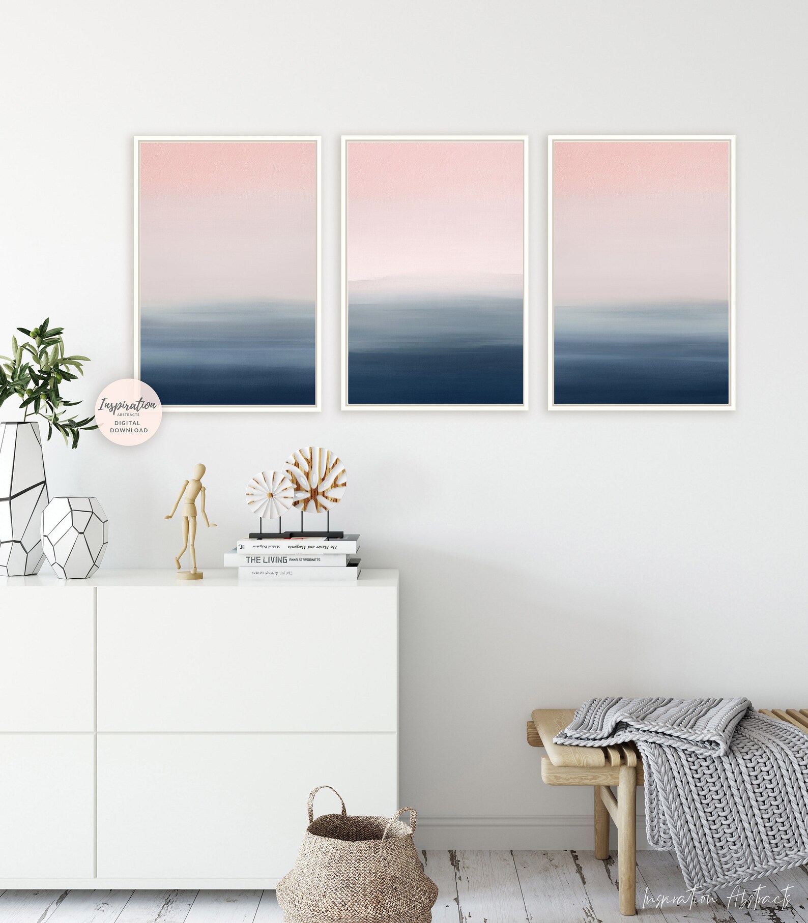 Gallery Wall Set Pink Navy Wall Art 3 Piece Wall Art Etsy