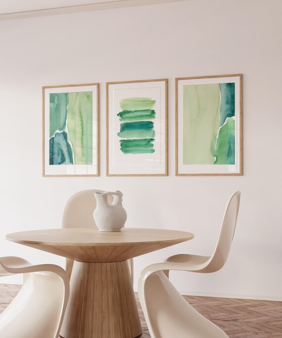 Set Of 3 Abstract Prints, Printable Watercolour Paintings, Green Gallery Wall Set, Abstract Bedroom Prints, Instant Download Art