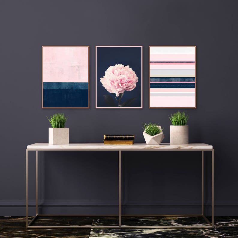 Pink and Navy Gallery Wall Set Set of 3 Prints Abstract Art Etsy