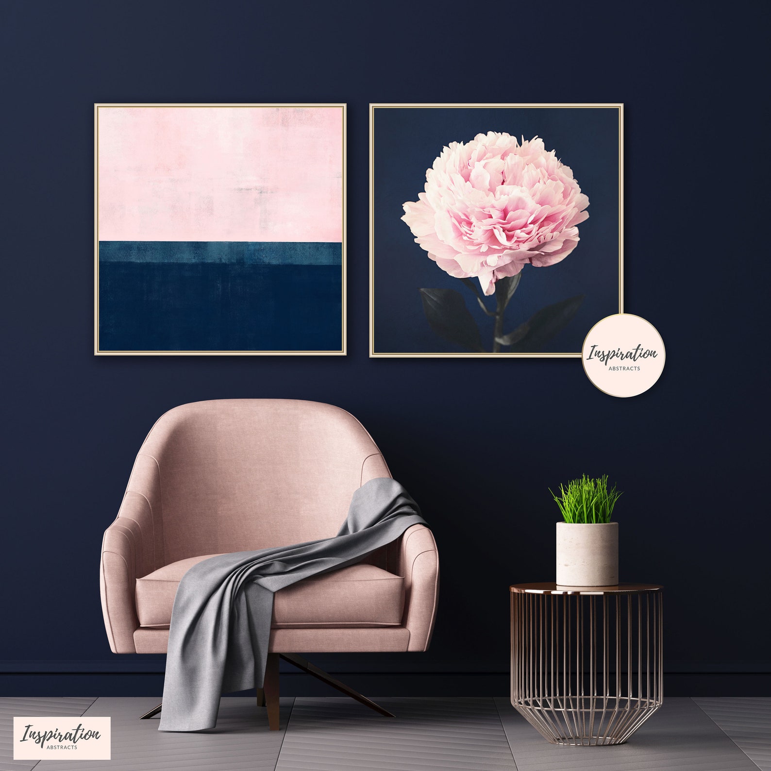 Pink and Navy Wall Art Set of Two Prints Wall Art Set Peony Etsy