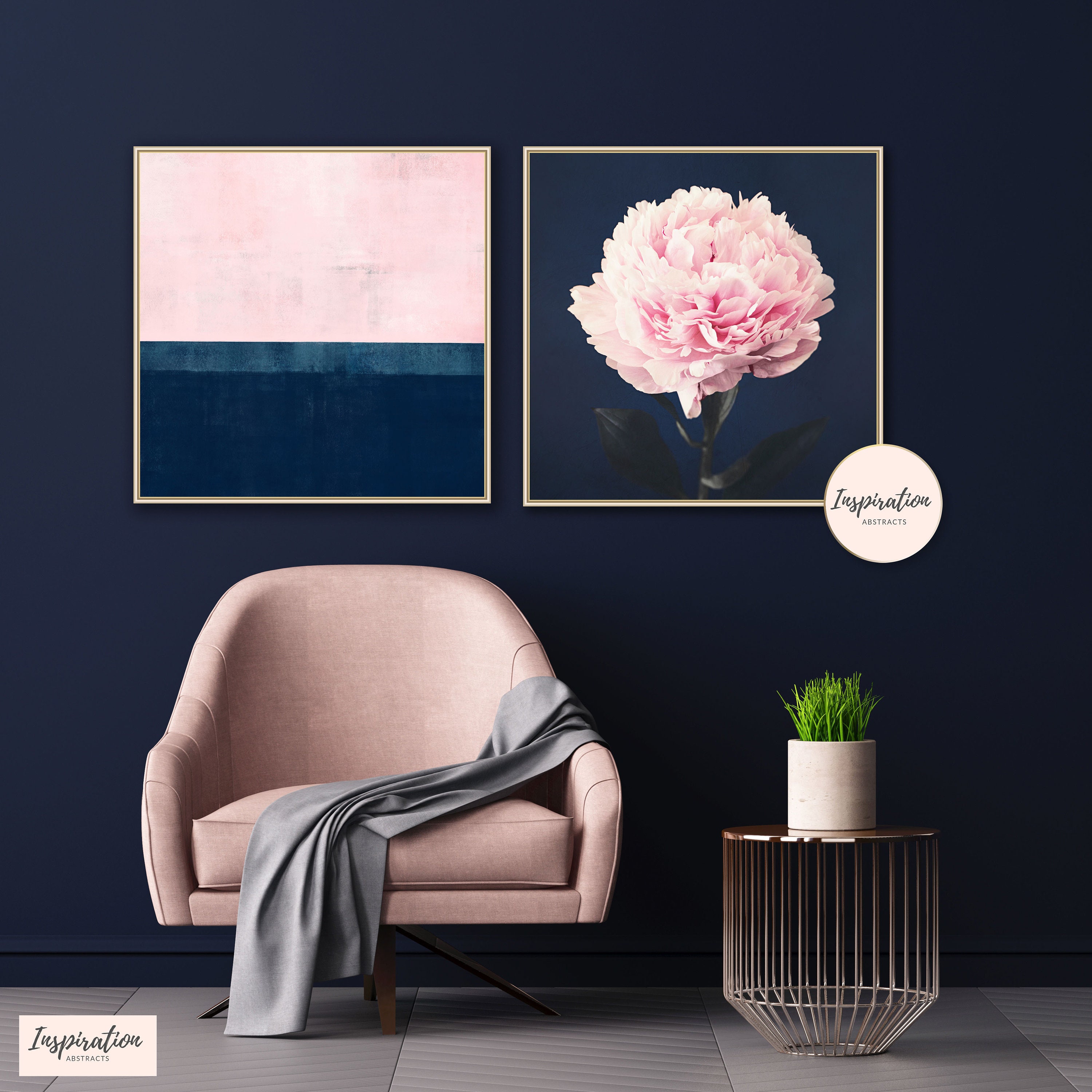 Pink and Navy Wall Art Set of Two Prints Wall Art Set Peony Etsy