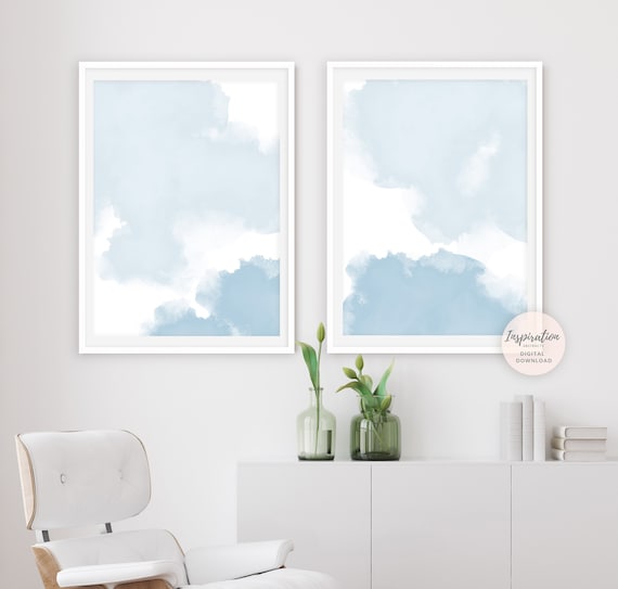 Pale Blue Watercolour Paintings, Printable Art, Set of 2 Prints, Abstract Paintings, Nursery Wall Art, Large Wall Art, Minimalist Print Set