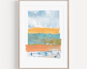 Arte mural costero, lámina abstracta texturizada, decoración costera moderna, obra de arte de coral azul y amarillo, impresión giclée, arte contemporáneo para casas de playa.