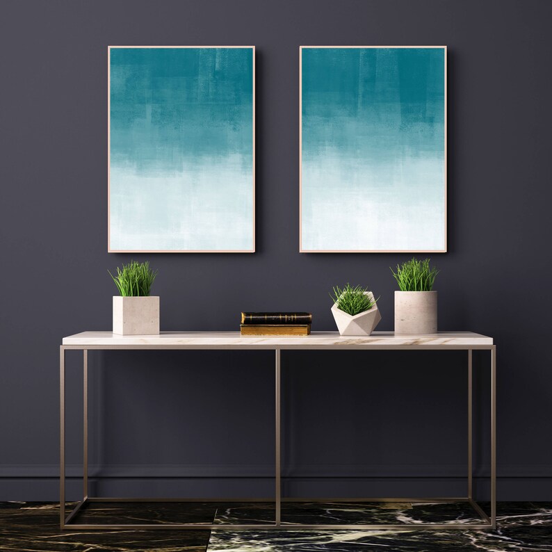 Ombre Abstract Art, Teal and White Abstract Prints, Set Of 2 Minimalist Paintings, 24x36 Feature wall Art, Hygge Scandinavian Art image 3