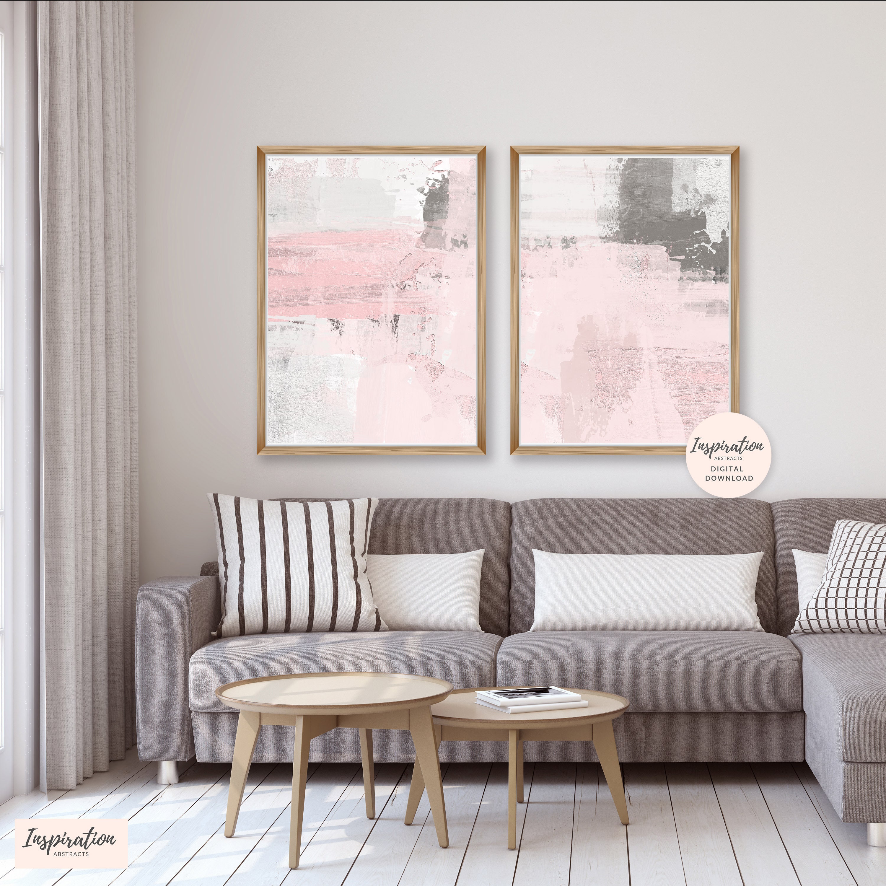 Pink Grey Wall Art, Pink and Grey Abstract Art, Set of 2 Art Prints